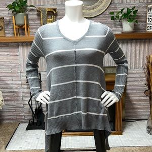 Love Maker Grey with White Stripes Asymmetrical Long Sleeve Sweater Large